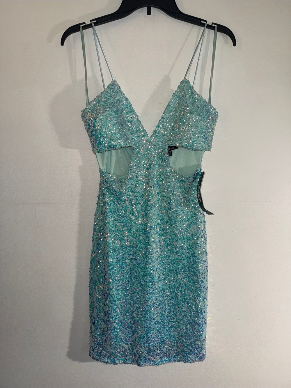 Sparkling Aqua Sequin Cutout Mini Dress - built in pads